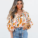 European And American Fashion Colorblock Printed V-neck Chiffon Shirt Women