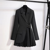 Lapel Design Pleated Skirt Black Suit Jacket For Women