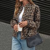 Autumn And Winter New Long Sleeve Brown Leopard Print Coat For Women