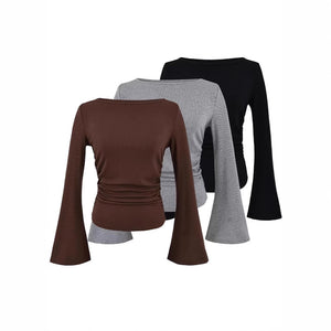 Bell Sleeve Women's Boat Neck Pleated Long Sleeve Top