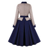 Color Effect Collar Hollow High-grade Houndstooth Patchwork Ruffled Waist-tight Autumn And Winter Long Sleeve Retro Dress