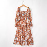 Square Collar High Waist Dress European And American Printed Waist-controlled Dress