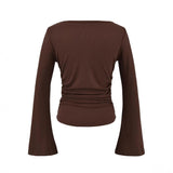 Bell Sleeve Women's Boat Neck Pleated Long Sleeve Top