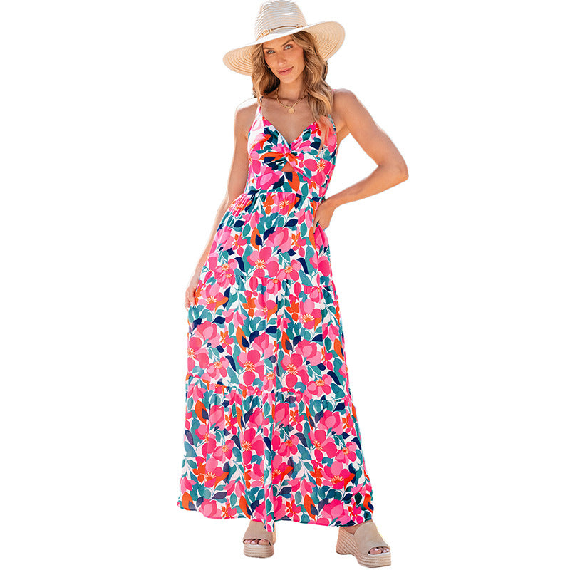 V-neck Strap Long Skirt Floral Print High Waist Dress