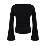 Bell Sleeve Women's Boat Neck Pleated Long Sleeve Top