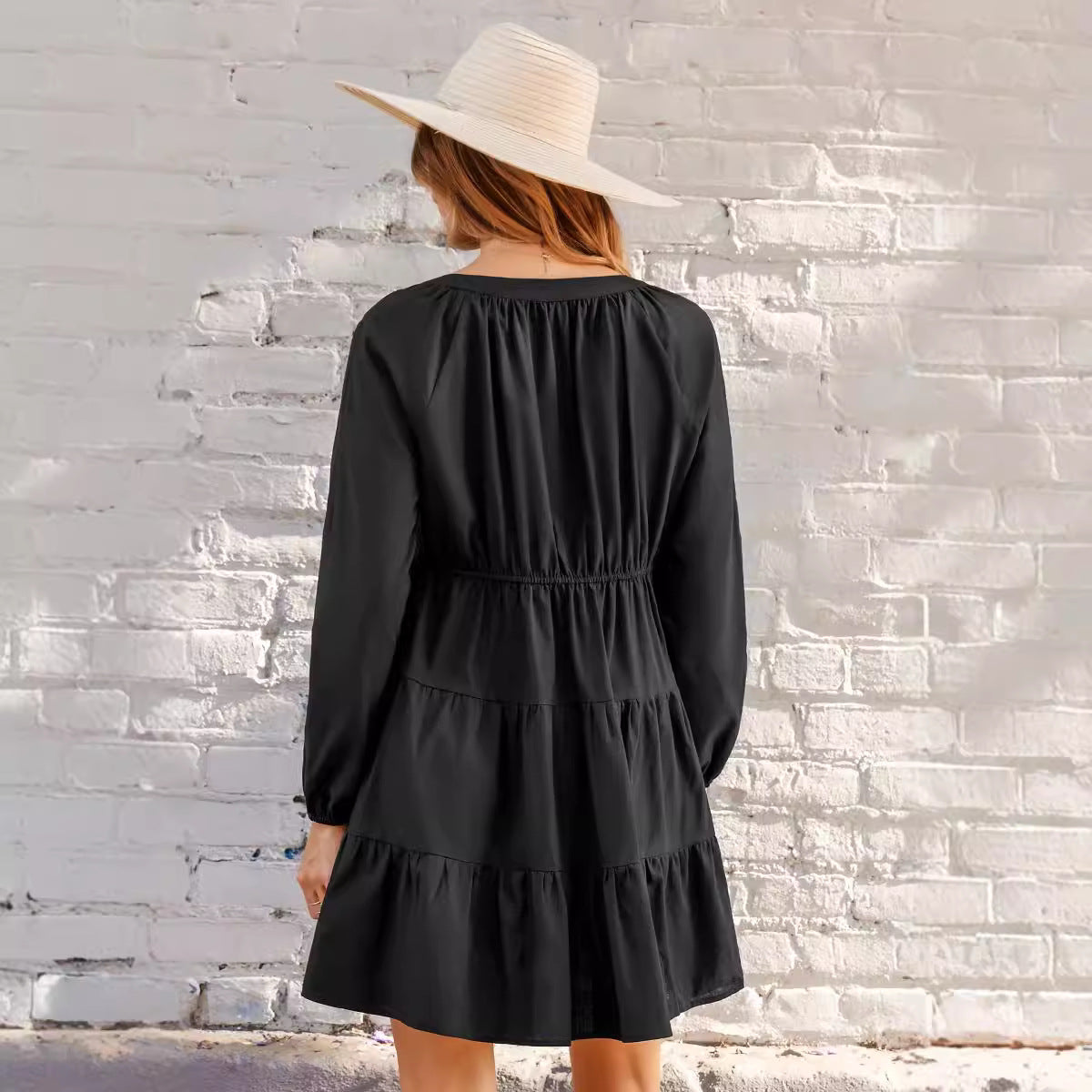 Black V-neck Long Sleeve Ruffled Hem Mini Dress