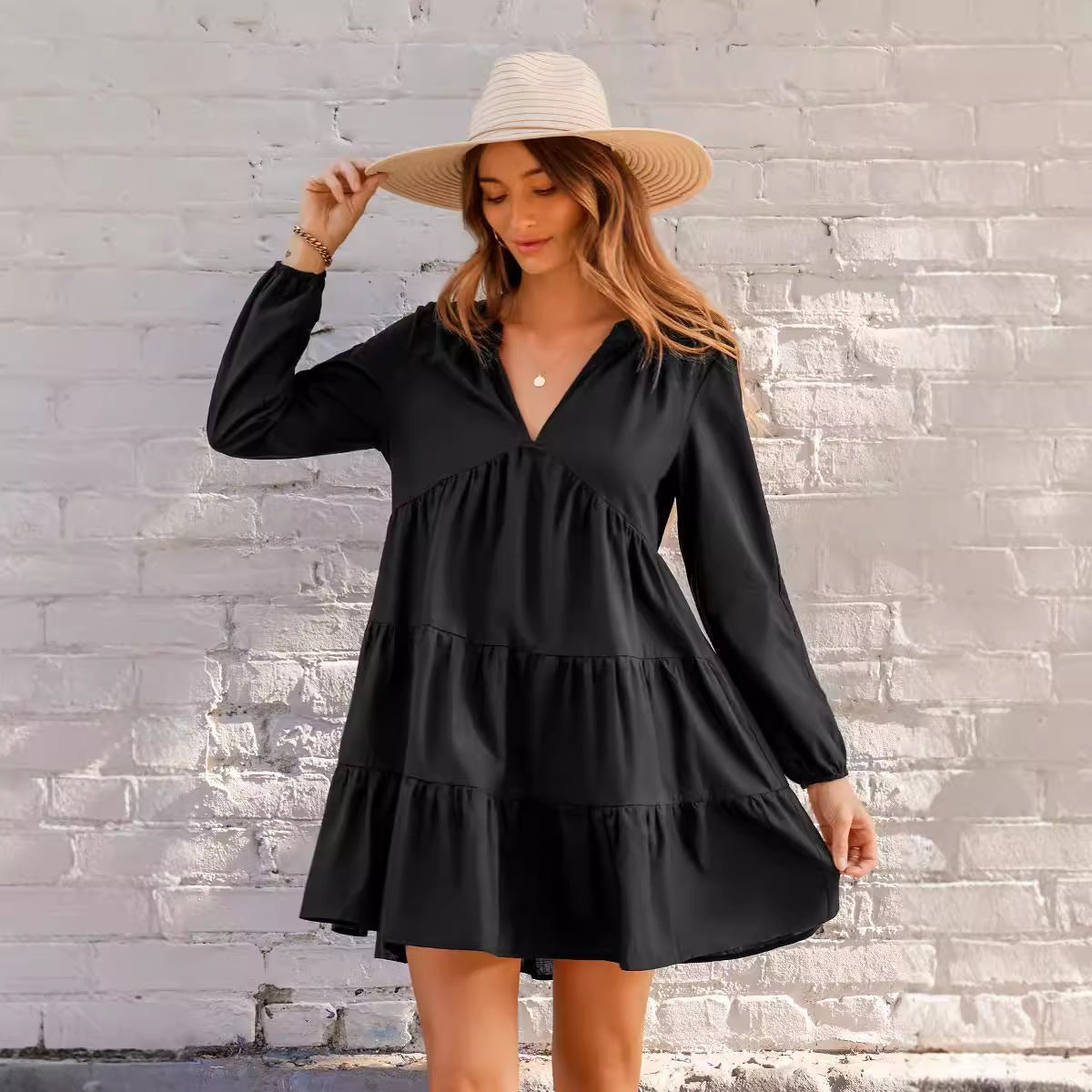 Black V-neck Long Sleeve Ruffled Hem Mini Dress