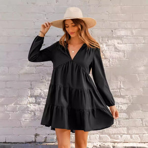 Black V-neck Long Sleeve Ruffled Hem Mini Dress