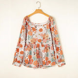 Women's Casual Loose Floral Printed Square Collar Chiffon Shirt