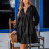 Black V-neck Long Sleeve Ruffled Hem Mini Dress