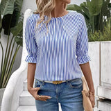 European And American Fashion Blue Striped Button Design Shirt Top