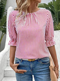 European And American Fashion Blue Striped Button Design Shirt Top