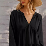 Black V-neck Long Sleeve Ruffled Hem Mini Dress