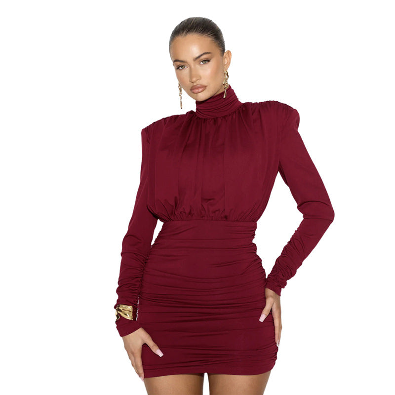 Temperament High Collar Pleated Waist Tight Sheath Dress