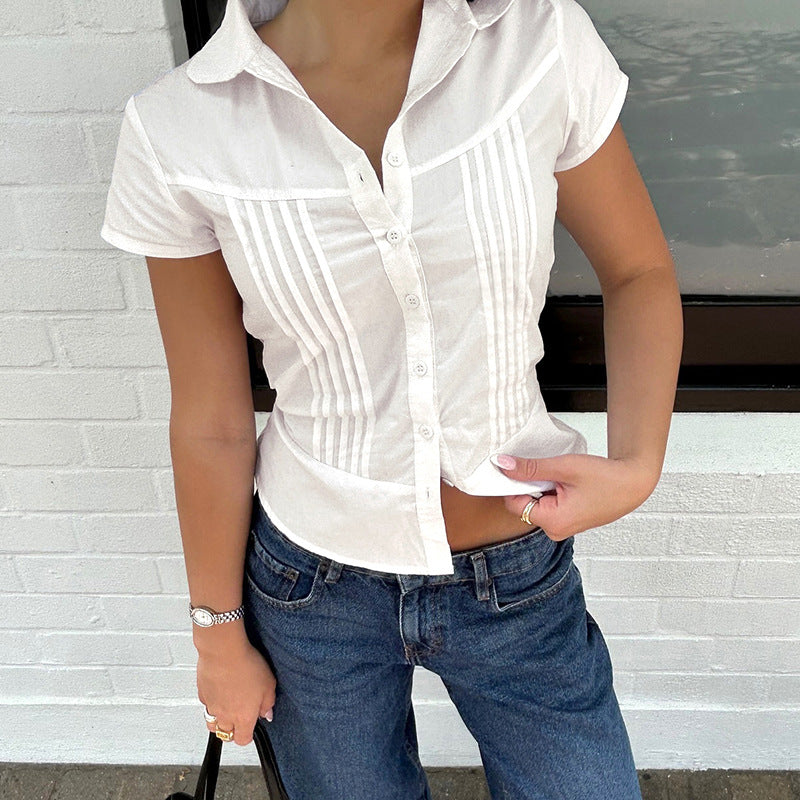 Organ Pleated Lapel Breasted Girl Blouse