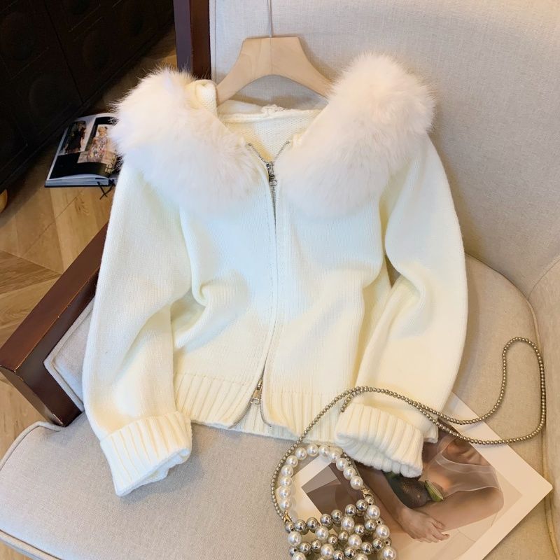 Double Zipper Fur Collar Stitching Design Sense Hooded Knit Cardigan