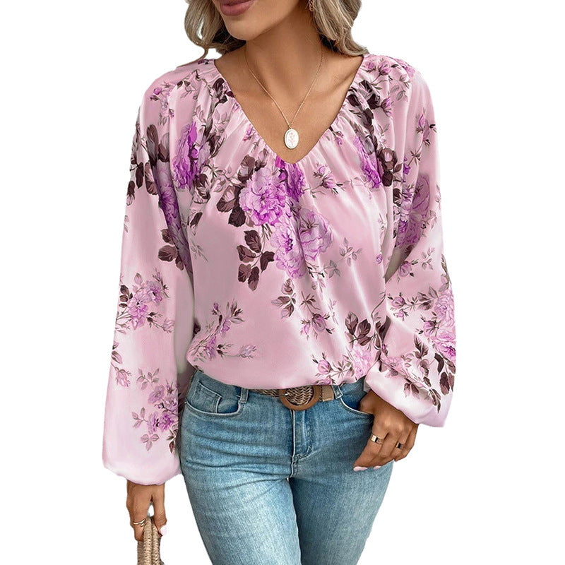 Women's Pullover V-neck Long-sleeved Chiffon Shirt European And American Top