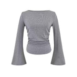 Bell Sleeve Women's Boat Neck Pleated Long Sleeve Top