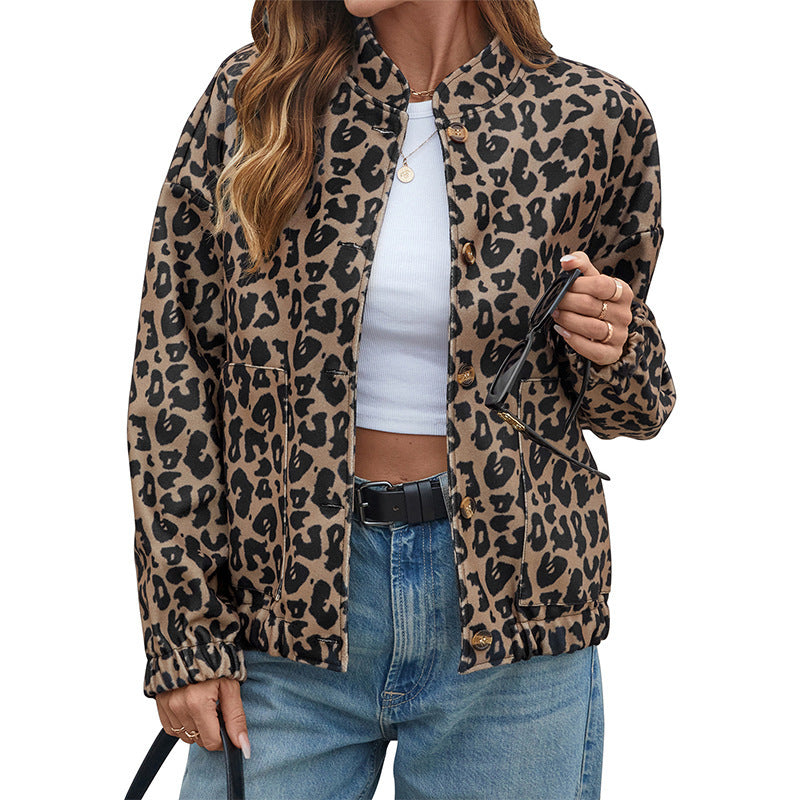 Autumn And Winter New Long Sleeve Brown Leopard Print Coat For Women