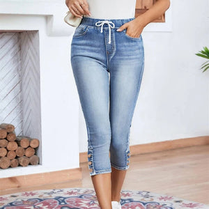 Elastic Waistband Lace-up Stretch Jeans For Women