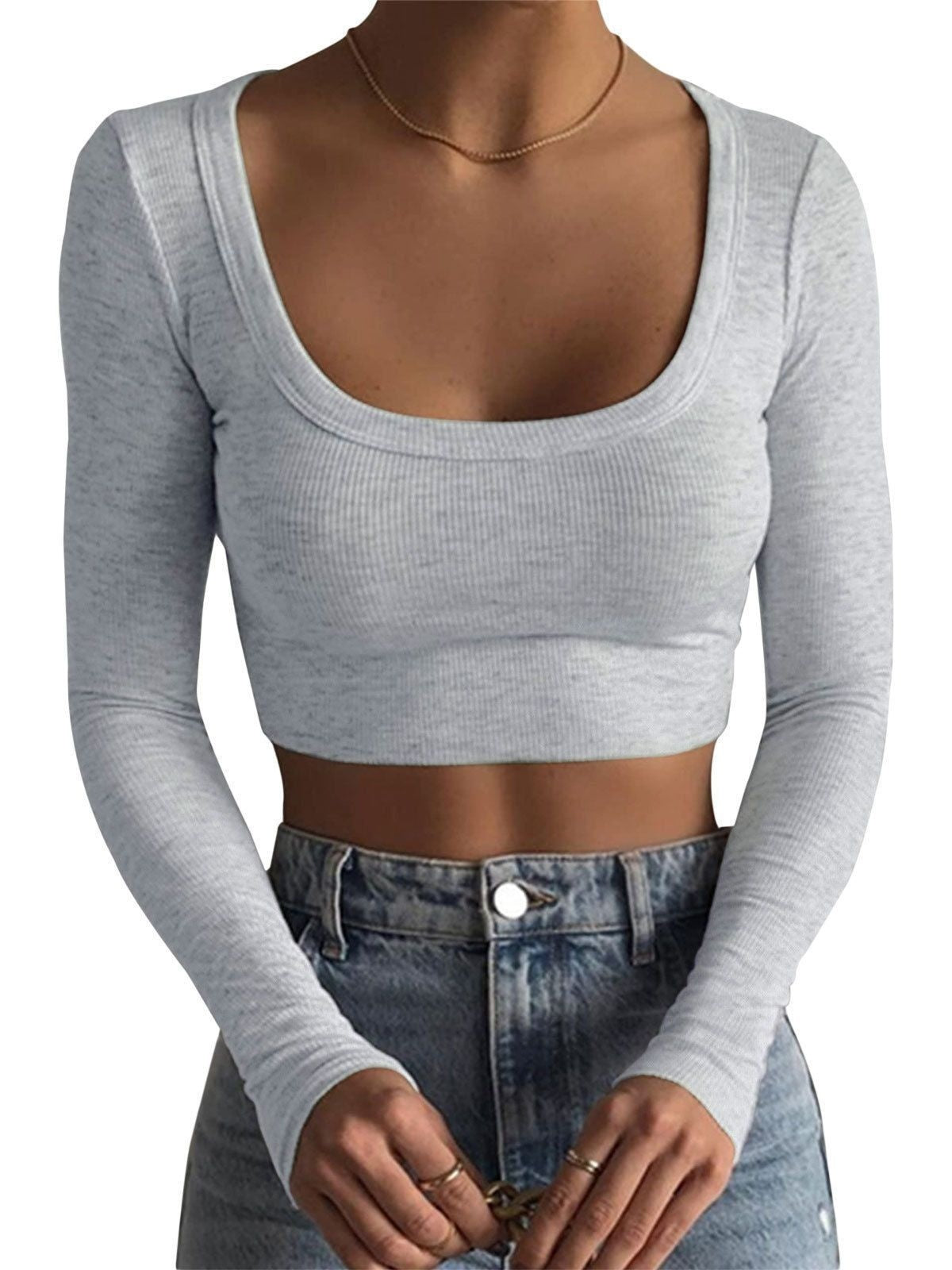 Round Neck Long Sleeve Cotton Ultra Short Slim Fit Slimming T-shirt